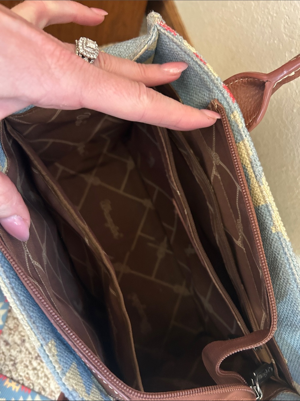 Wrangler Blue Aztec Canvas Satchel with Brown Trim - Picture 2 of 5
